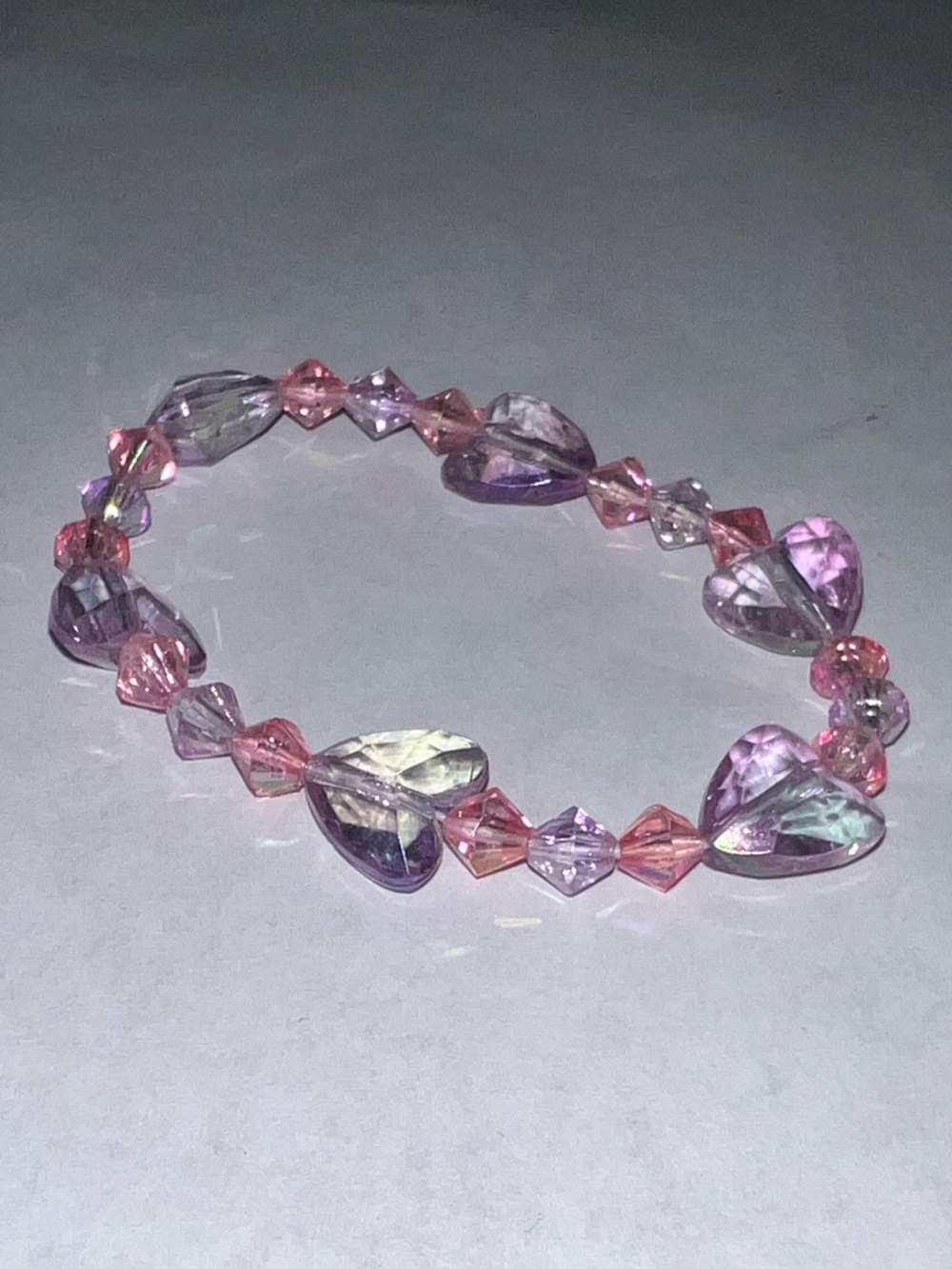 Women’s Pink Purple Iridescent Heart Beaded Stretch Bracelet Jewelry